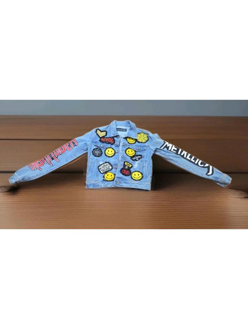 Vintage Denim Jacket Painted Patches SMILE METALLICA AC/DC KISS IRON MAIDEN